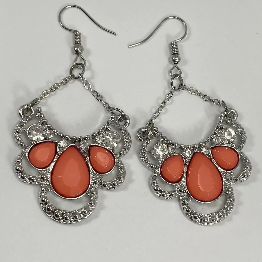 Silver Tone Orange White Rhinestone Statement Bold Dangle Earrings Hook Setting